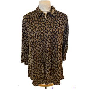 Melissa Paige Women's Long Sleeve Black and Gold Metallic Button Front Blouse L